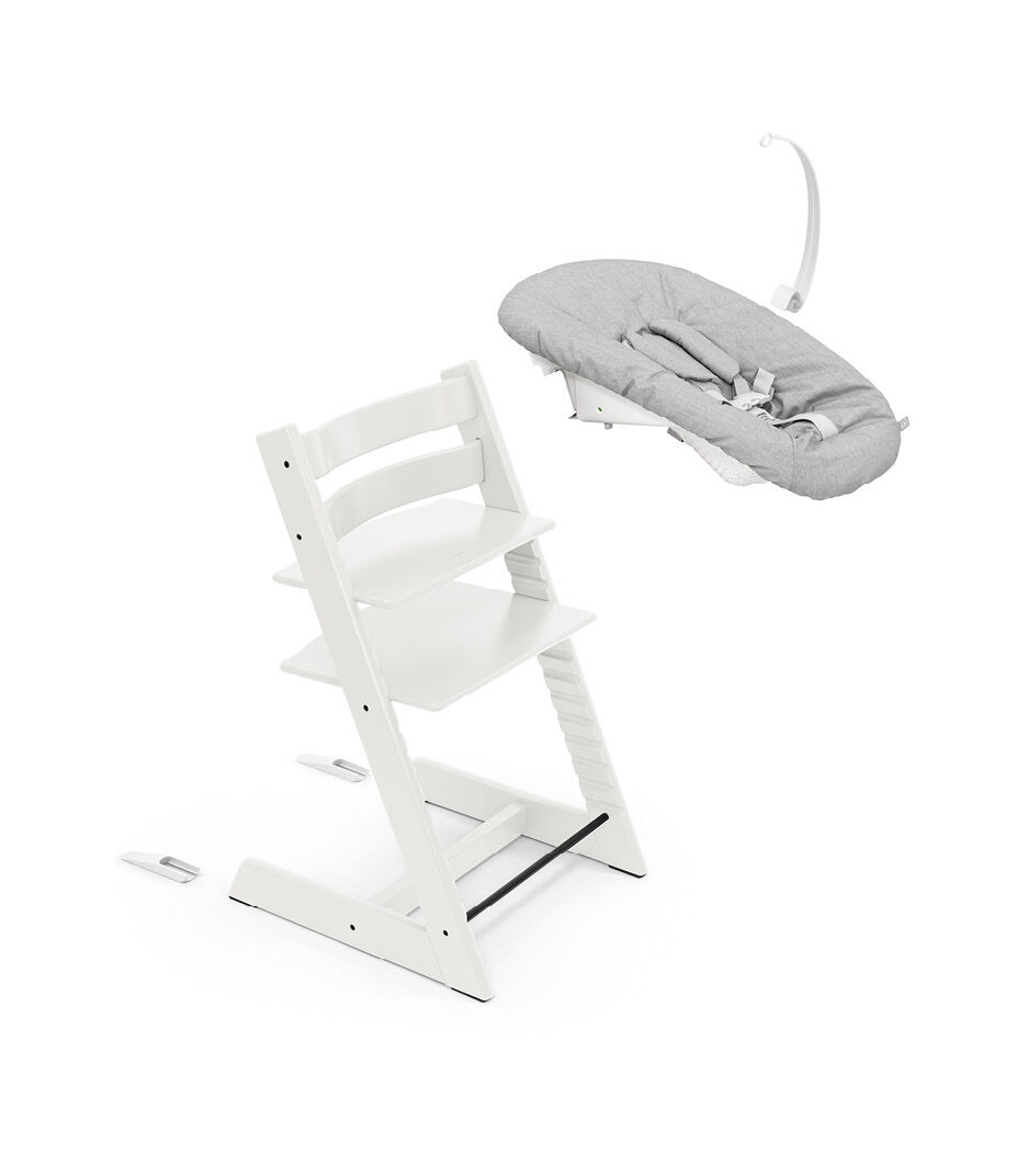 Tripp Trapp® chair White, with Newborn Set Grey.